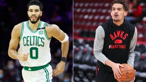 Jayson Tatum of the Boston Celtics and Trae Young of the Atlanta Hawks