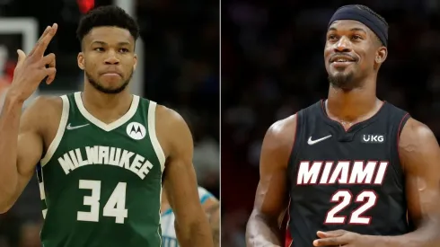 Giannis Antetokounmpo of the Milwaukee Bucks and Jimmy Butler of the Miami Heat