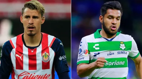 Cristian Calderon of Chivas (left) and Eduardo Daniel Aguirre of Santos Laguna.