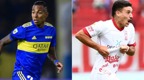 Sebastian Villa of Boca Juniors and Matias Coccaro of Huracan