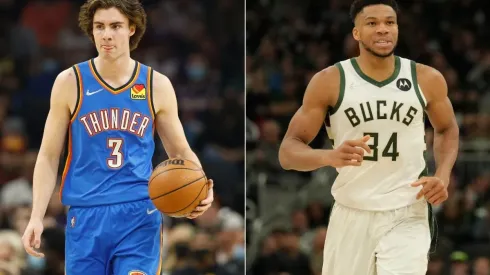 Josh Giddey of the Oklahoma City Thunder and Giannis Antetokounmpo of the Milwaukee Bucks