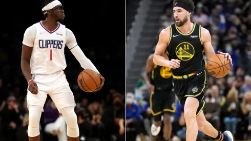 Reggie Jackson of the Los Angeles Clippers and Klay Thompson of the Golden State Warriors