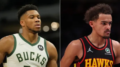 Giannis Antetokounmpo of the Milwaukee Bucks and Trae Young of the Atlanta Hawks