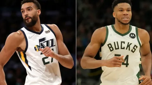 Rudy Gobert of the Utah Jazz and Giannis Antetokounmpo of the Milwaukee Bucks