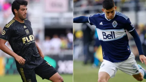 Carlos Vela of LAFC (left) and Vancouver Whitecaps FC defender Cristian Gutiérrez