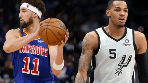 Klay Thompson of the Golden State Warriors and Dejounte Murray of the San Antonio Spurs