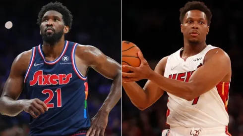 Joel Embiid of the Philadelphia 76ers and Kyle Lowry of the Miami Heat