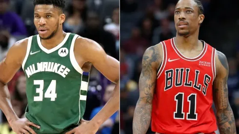 Giannis Antetokounmpo of the Milwaukee Bucks and DeMar DeRozan of the Chicago Bulls