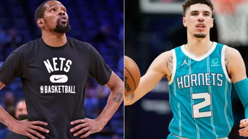 Kevin Durant of the Brooklyn Nets and LaMelo Ball of the Charlotte Hornets