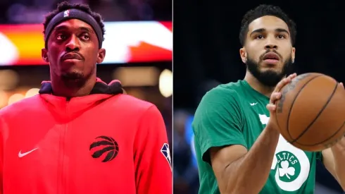 Pascal Siakam of the Toronto Raptors and Jayson Tatum of the Boston Celtics