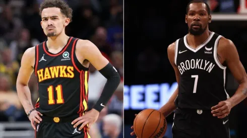 Trae Young of the Atlanta Hawks and Kevin Durant of Brooklyn Nets