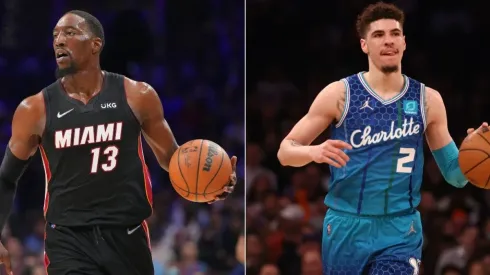 Bam Adebayo of the Miami Heat and LaMelo Ball of the Charlotte Hornets