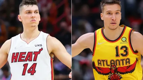 Tyler Herro of the Miami Heat and Bogdan Bogdanovic of the Atlanta Hawks