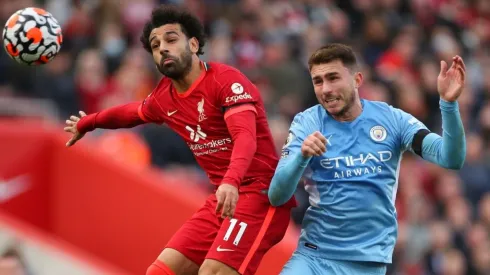 Mohamed Salah of Liverpool and Aymeric Laporte of Manchester City