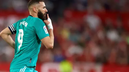 Karim Benzema of Real Madrid celebrates after scoring his sides first goal during the match between Sevilla FC and Real Madrid CF