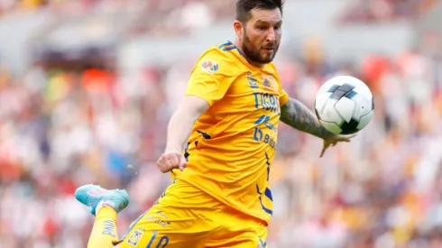 Andre-Pierre Gignac of Tigres UANL prepares a shot during the 15th round match between Necaxa and Tigres UANL