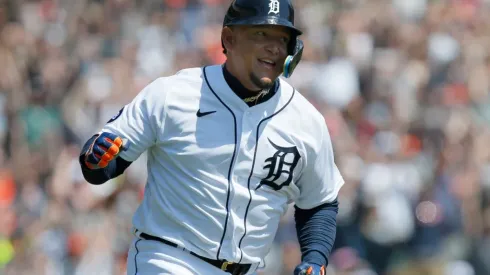 Miguel Cabrera of the Detroit Tigers pumps his fist after hitting his 3,000th hit.