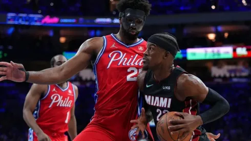 Jimmy Butler of the Miami Heat and Joel Embiid of the Philadelphia 76ers