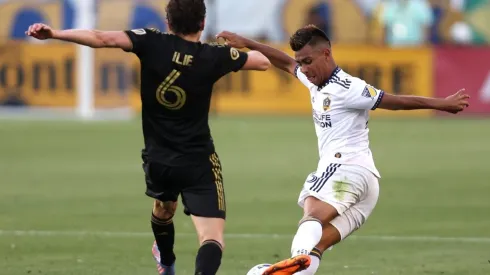 Efrain Alvarez of Los Angeles Galaxy controls the ball as Ilie Sanchez of Los Angeles FC defends