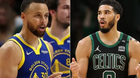 Stephen Curry of the Golden State Warriors and Jayson Tatum of the Boston Celtics