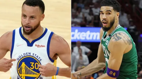 Stephen Curry of the Golden State Warriors and Jayson Tatum of the Boston Celtics