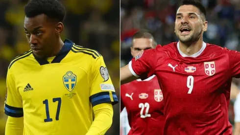 Anthony Elanga of Sweden and Aleksandar Mitrovic of Serbia