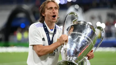 Luka Modric of Real Madrid celebrates with the UEFA Champions League Trophy