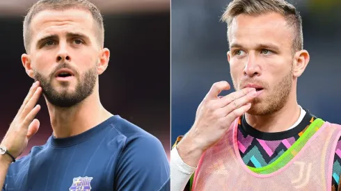 Miralem Pjanic of Barcelona and Arthur Melo of Juventus