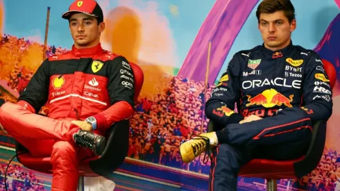 Sprint winner Max Verstappen and second placed Charles Leclerc