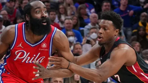 James Harden of the Philadelphia 76ers and Kyle Lowry of the Miami Heat