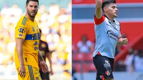 Andre-Pierre Gignac of Tigres UANL and Aldo Rocha of Atlas
