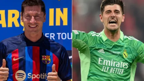 Robert Lewandowski of Barcelona and Thibaut Courtois of Real Madrid