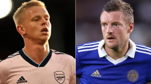 Oleksandr Zinchenko of Arsenal and Jamie Vardy of Leicester