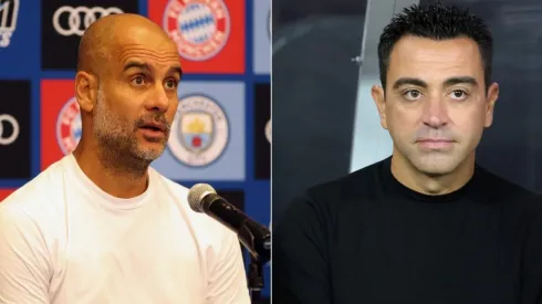 Manchester City Manager Pep Guardiola (L) and Barcelona Manager Xavi Hernández (R)