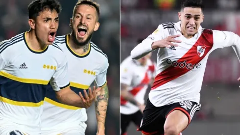 Luca Langoni and Dario Benedetto of Boca Juniors and Pablo Solari of River Plate