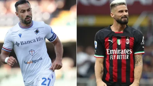 Fabio Quagliarella of Sampdoria (left) and Olivier Giroud of AC Milan.