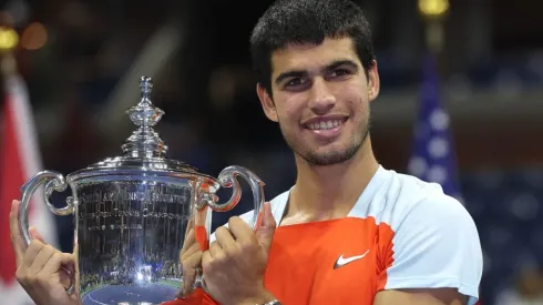 Carlos Alcaraz with the US Open trophy as the 2022 US Open winner