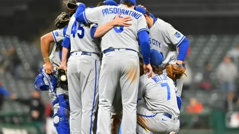 Kansas City Royals infielders celebrate after the Royals defeated the Cleveland Guardians at Progressive Field on October 03, 2022 in Cleveland, Ohio. The Royals defeated the Guardians 5-2.