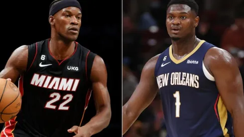 Jimmy Butler of the Miami Heat and Zion Williamson of the New Orleans Pelicans
