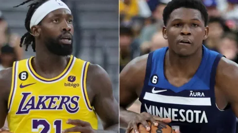 Patrick Beverley of the Los Angeles Lakers and Anthony Edwards of the Minnesota Timberwolves