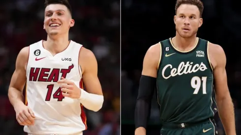Tyler Herro of the Miami Heat (L) and Blake Griffin of the Boston Celtics (R)