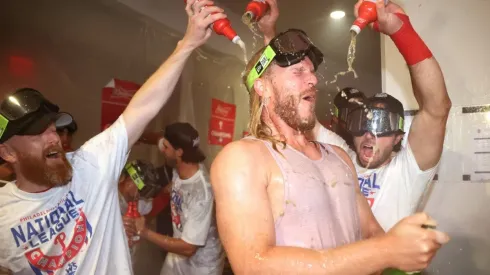 Noah Syndergaard #43 of the Philadelphia Phillies celebrates with his teammates in the locker room