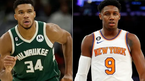 Giannis Antetokounmpo of the Milwaukee Bucks and RJ Barrett of the New York Knicks