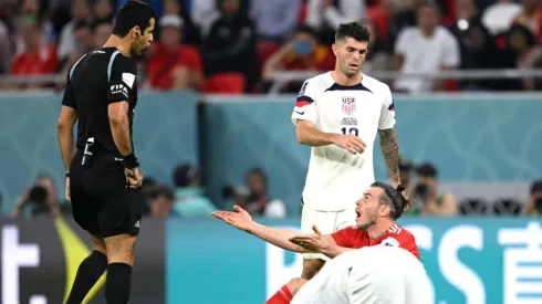 Gareth Bale of Wales reacts towards referee Abdulrahman Al Jassi