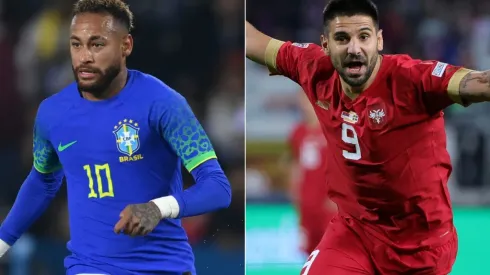 Neymar of Brazil and Aleksandar Mitrovic of Serbia