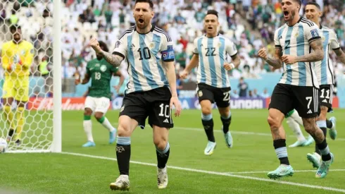 Lionel Messi of Argentina celebrates after scoring from the penalty spot during the FIFA World Cup against Saudi Arabia at Lusail Stadium