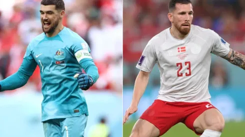 Mathew Ryan of Australia and Denmark player Pierre-Emile Hojbjerg