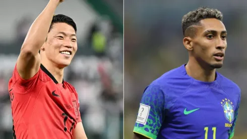 Heechan Hwang of Korea Republic (L) and Raphinha of Brazil (R)