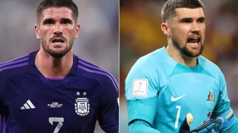 Rodrigo De Paul of Argentina and Mathew Ryan of Australia