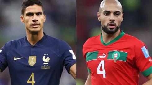 Raphael Varane of France and Sofyan Amrabat of Morocco